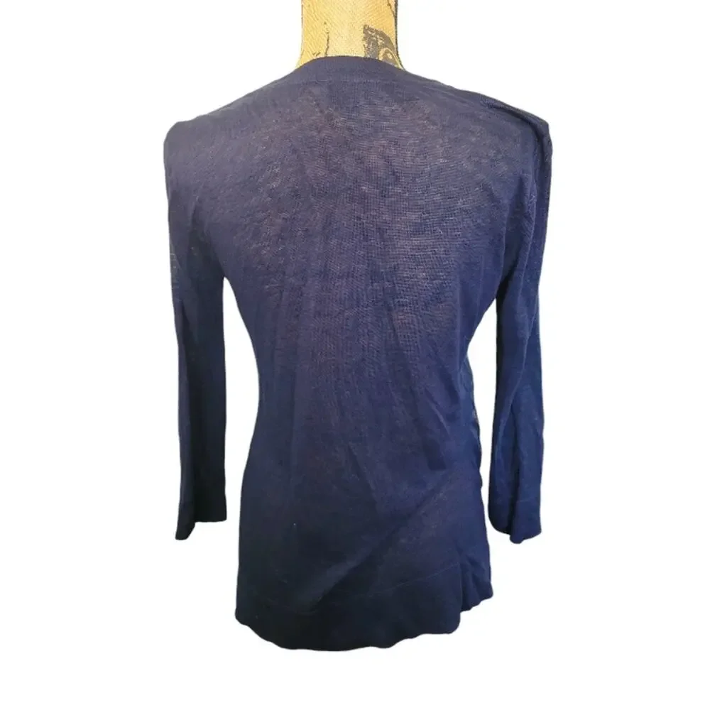 XS Ecru Genuine Suede Leather & Linen Navy Blue V-neck Cardigan Sweater